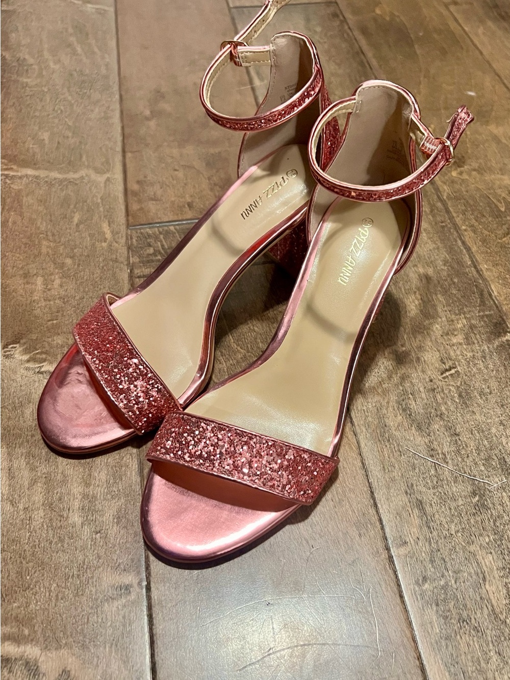 Rose Metallic Glitter Ankle-Strap Block Heels